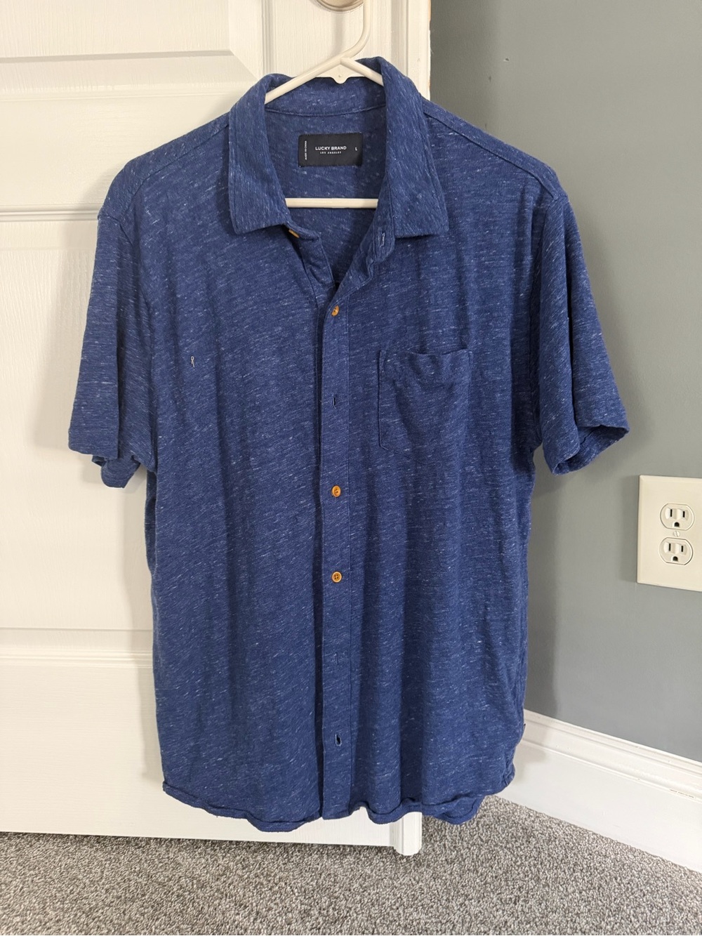 Lucky Brand Men's Heathered Navy Blue Short-Sleeve Button-Up Shirt